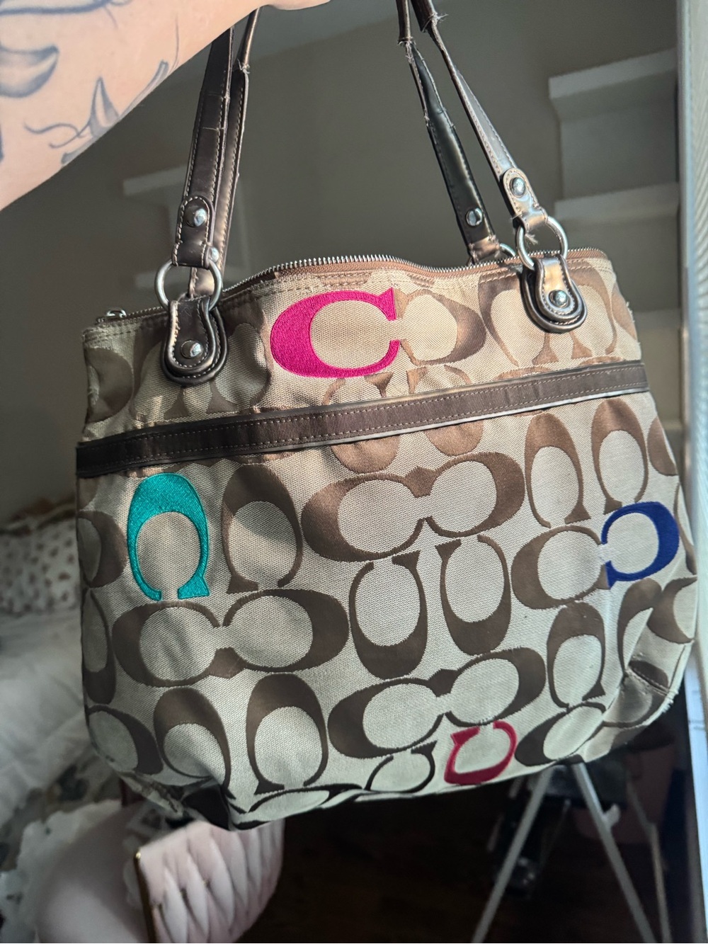 Coach Beige Signature Tote with Multicolor Embroidered C Logos